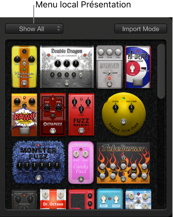 Figure. Navigateur de pédale affichant le menu local de présentation et le bouton Import Mode.