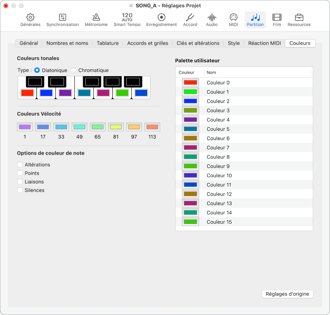 Figure. Réglages Couleurs de la partition du projet.