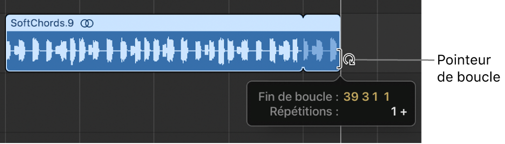 Figure. Mise en boucle d’une région dans la zone Pistes. La bulle d’aide indique la durée de la région et le nombre de répétitions.