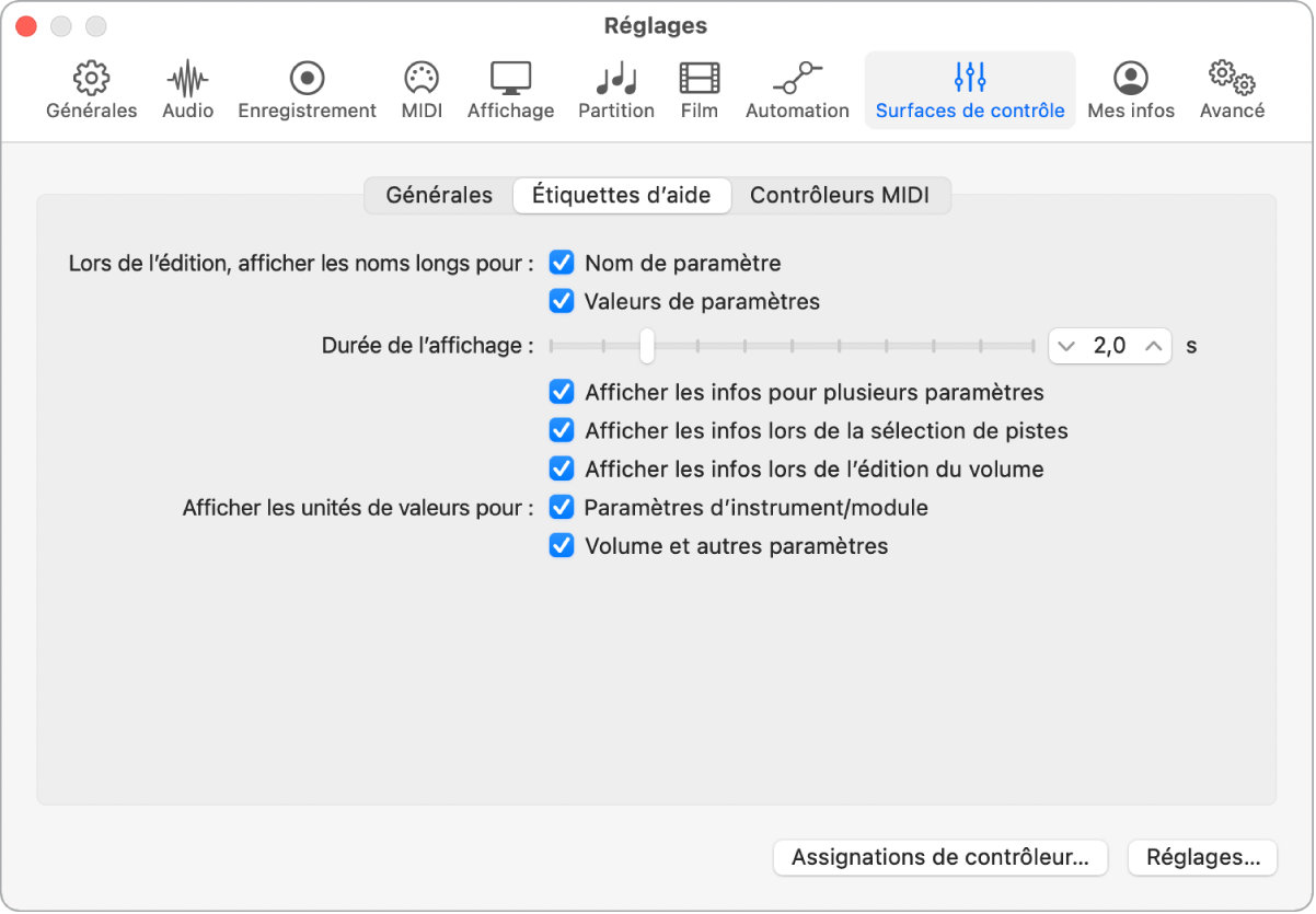 Figure. Réglages des bulles d’aide de la surface de contrôle