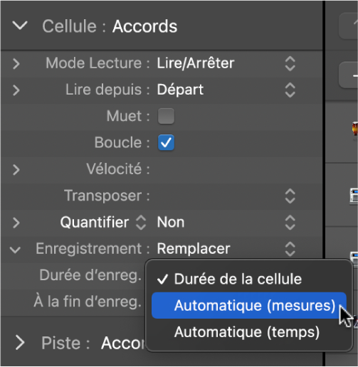 Figure. Menu local des réglages « Durée d’enreg. » dans l’inspecteur de cellule.