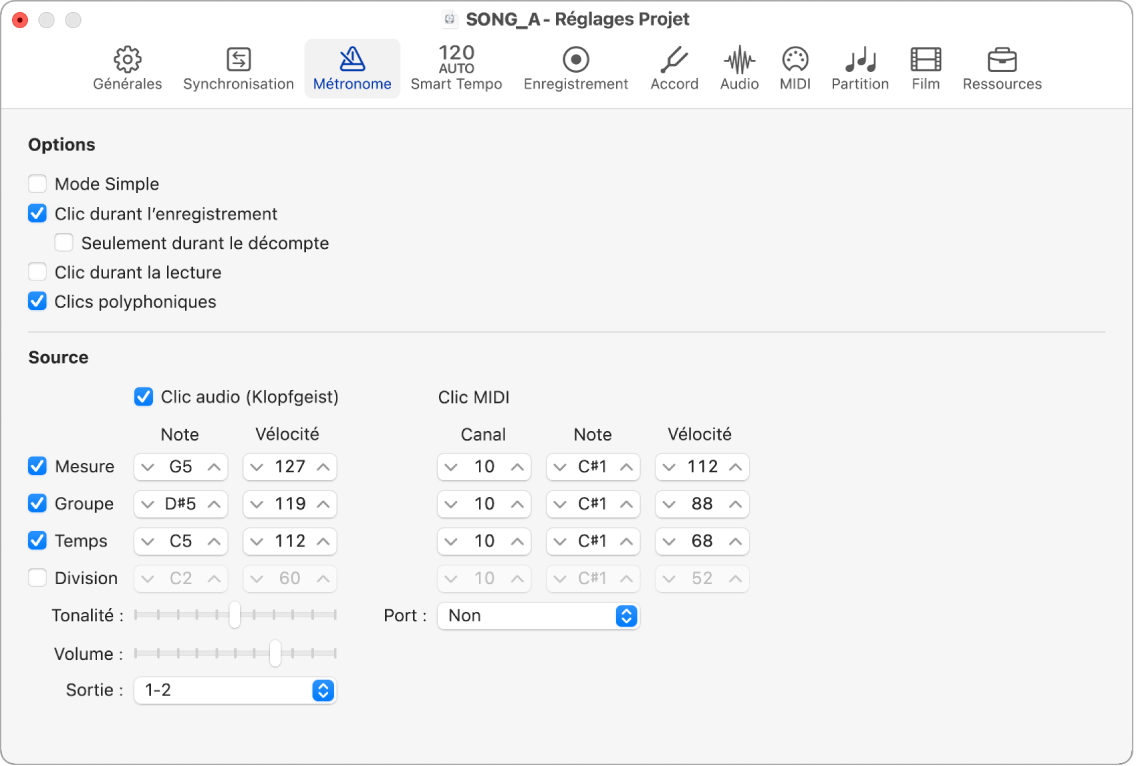 Figure. Réglages Métronome du projet.