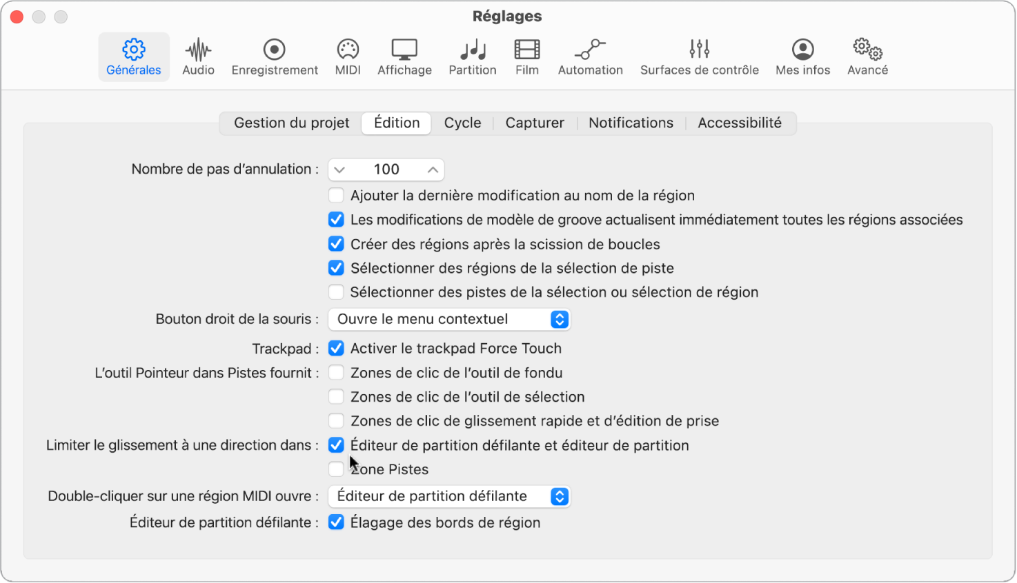 Figure. Réglages généraux d’édition avec options permettant de limiter le mouvement de glissement des notes