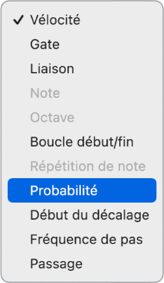 Menu local Mode Édition du séquenceur pas à pas ouvert dans une sous-rangée, avec les différents modes.