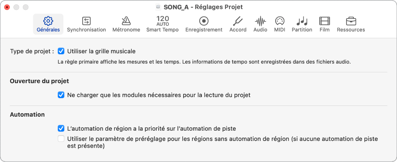 Figure. Réglages généraux du projet.