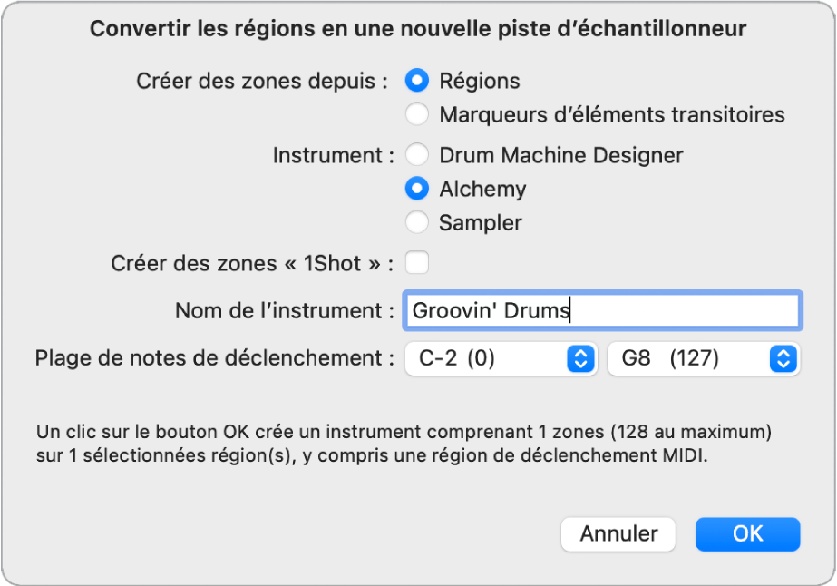 Figure. Zone de dialogue Convertir les régions en une nouvelle piste d’échantillonneur.