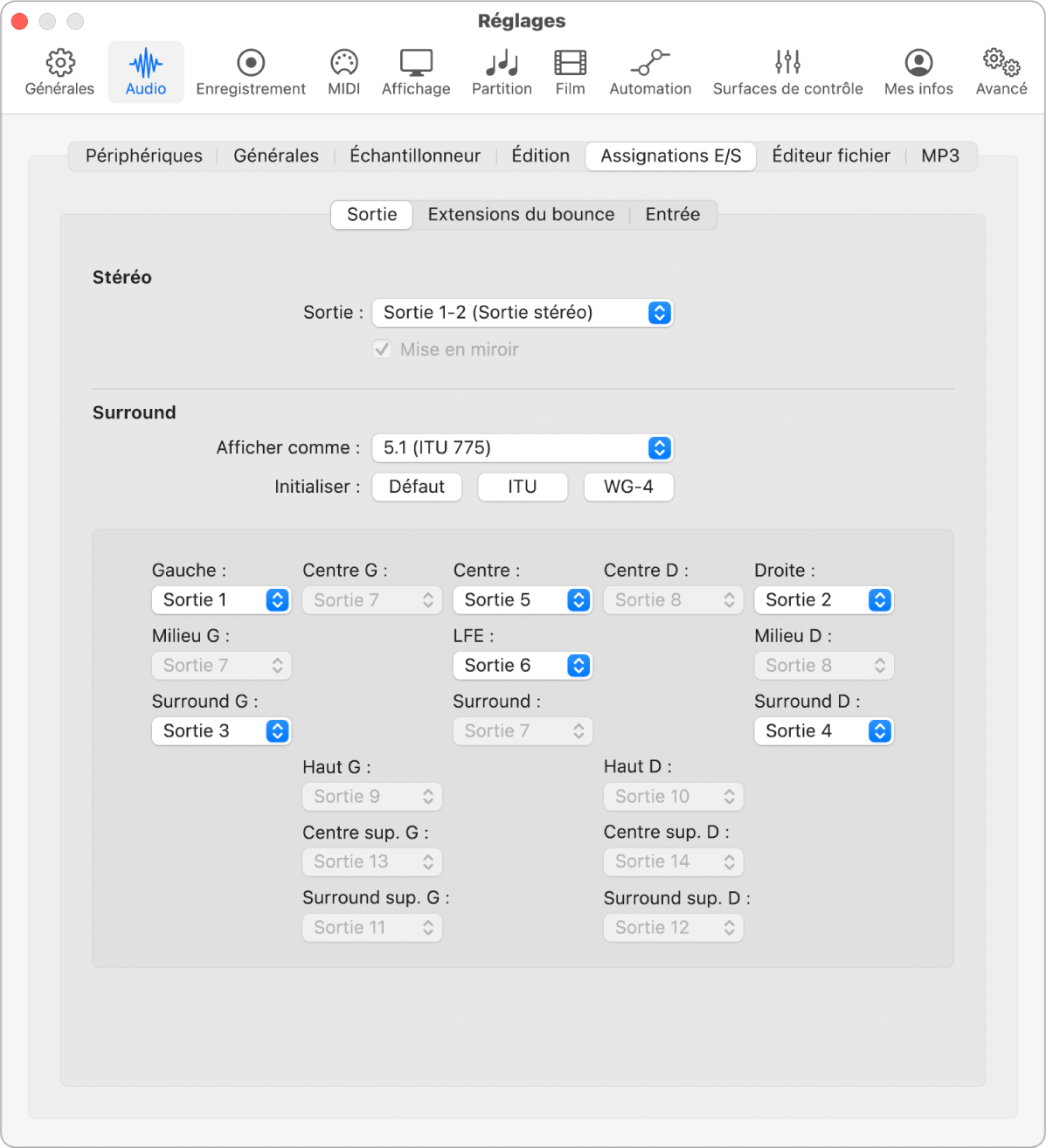 Figure. Réglages de sortie des attributions E/S audio.