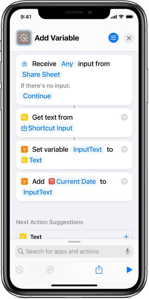 Set Variable and Add to Variable actions in shortcut editor.