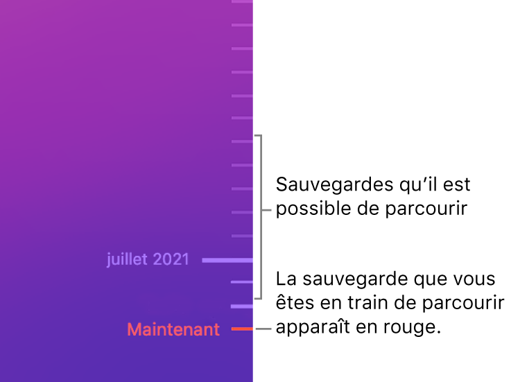 Graduations de la chronologie de sauvegarde. La graduation rouge indique la sauvegarde que vous consultez.