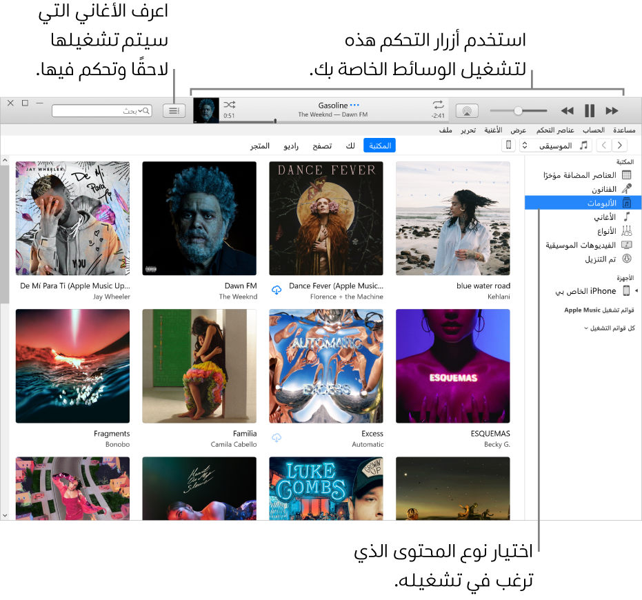 نافذة مكتبة iTunes الرئيسية: في المتصفح، اختر نوع الوسائط لتشغيلها (مثل الموسيقى). استخدم عناصر التحكم في الشعار في الجزء العلوي لتشغيل الوسائط، واستخدم القائمة المنبثقة "التالي" على اليمين لعرض المكتبة بطرق مختلفة.