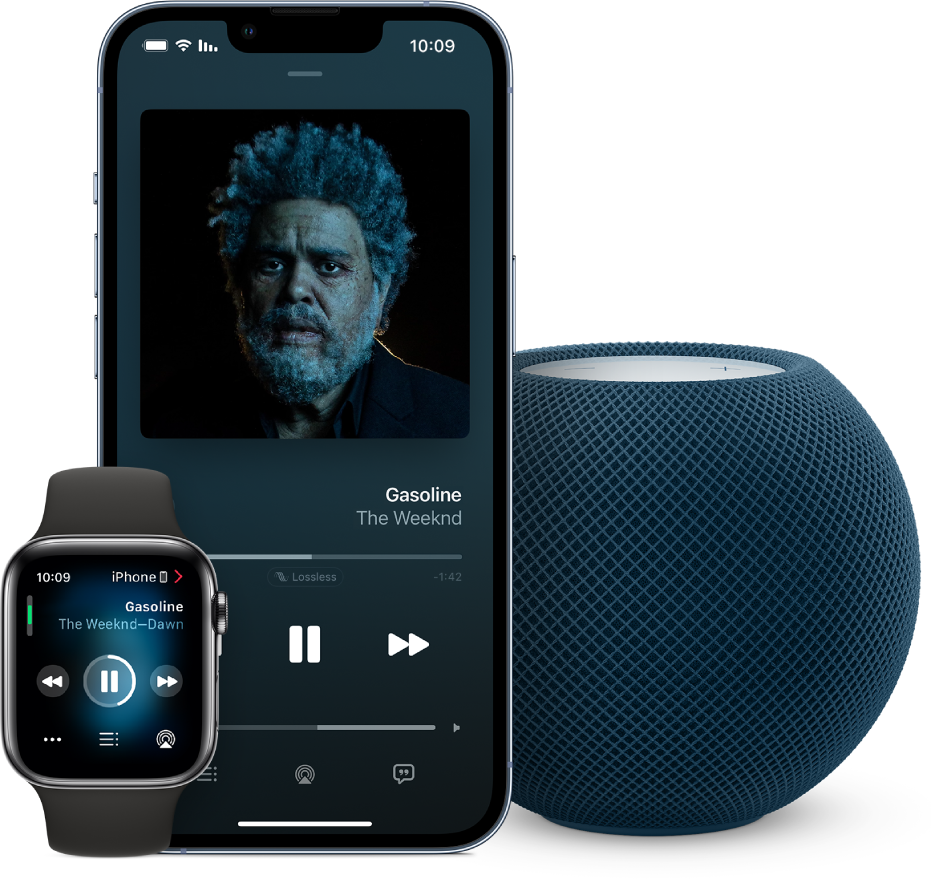 عرض لأغنية على Apple Music مشغلة على Apple Watch وiPhone و HomePod mini.