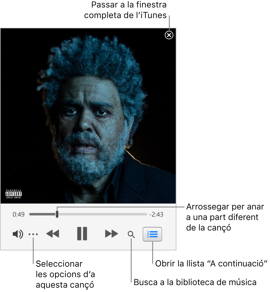 El minireproductor expandit amb els controls de la cançó que s’està reproduint. A la cantonada superior dreta hi ha el botó de tancar, que s’utilitza per canviar a la finestra completa de l’iTunes. A la part inferior de la finestra hi ha un regulador que pots arrossegar per anar a una part diferent de la cançó. A sota del regulador, a l’esquerra, hi ha el botó Més, on pots triar les opcions de visualització i altres opcions de la cançó que s’està reproduint. A l’extrem dret, a sota del regulador, hi ha dos botons; la lupa serveix per fer cerques a la biblioteca musical i “A continuació” per veure què es reproduirà després.