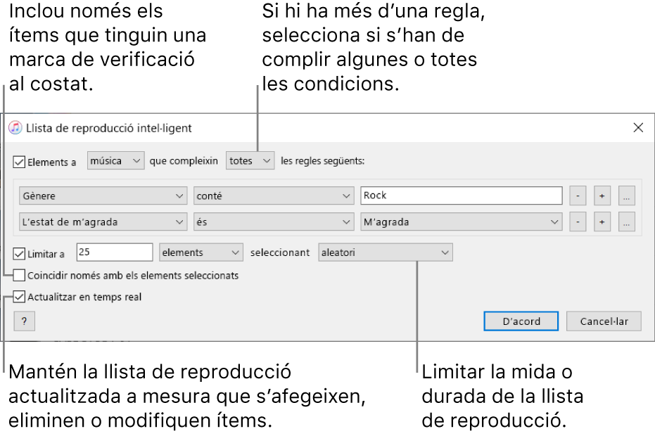 La finestra “Llista de reproducció intel·ligent”: A la cantonada superior esquerra, selecciona Complir i indica els criteris de la llista de reproducció (com ara el gènere i la puntuació). Continua afegint i eliminant regles. Si hi ha més d’una regla, hauràs de seleccionar si s’ha de complir alguna o totes les condicions. Pots seleccionar diverses opcions a la part inferior de la finestra, com ara limitar la mida o la durada de la llista de reproducció, incloure només les cançons que estiguin marcades o fer que l’iTunes actualitzi la llista de reproducció a mesura que canviïn els elements de la biblioteca.