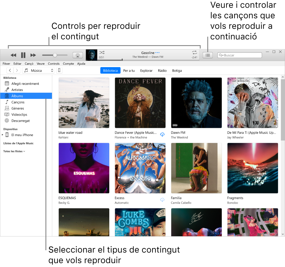 Finestra principal de la biblioteca de l’iTunes: Al navegador, selecciona el tipus de contingut que vols reproduir (com ara música). Utilitza els controls de la cinta que hi ha a la part superior per reproduir el contingut i fes servir el menú desplegable “A continuació” situat a la dreta per veure la biblioteca de diferents maneres.