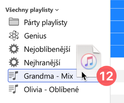 Přetažení alba do playlistu. Playlist je označený modrým trojúhelníčkem