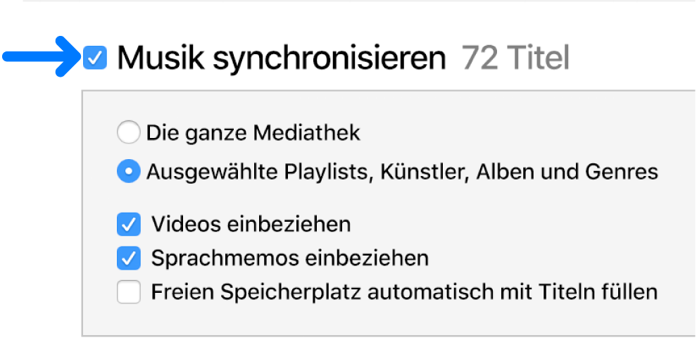 Oben links ist die Option „Musik synchronisieren“ ausgewählt, und es werden Optionen zum Synchronisieren der gesamten Mediathek oder einzelner Objekte angezeigt.