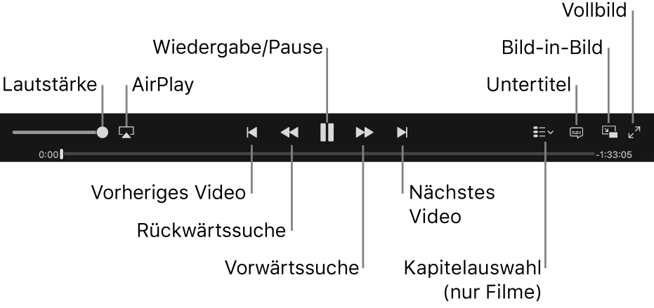 Videosteuerelemente: Lautstärke, AirPlay, Vorheriges Video, Rückwärtssuche, Wiedergabe/Pause, Vorwärtssuche, Nächstes Video, Kapitelauswahl (nur für Filme), Untertitel, Bild-in-Bild und Vollbild