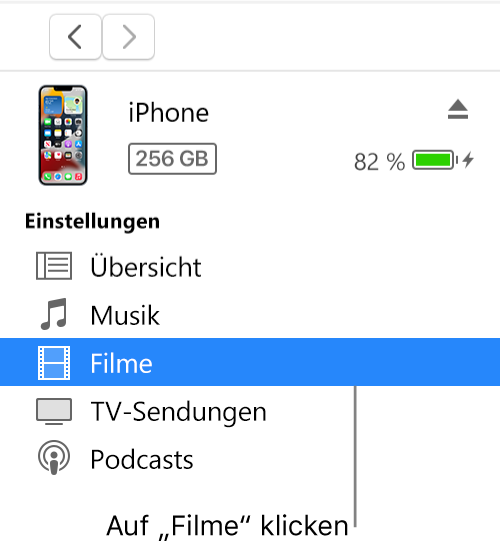 Das Fenster „Gerät“ mit links in der Seitenleiste ausgewählter Option „Filme“