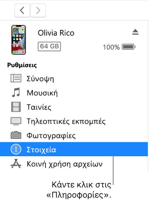 Το παράθυρο «Συσκευή», με επιλεγμένη την κατηγορία «Πληροφορίες» στην πλαϊνή στήλη στα αριστερά.