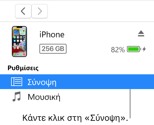 Το παράθυρο «Συσκευή», με επιλεγμένη τη «Σύνοψη» στην πλαϊνή στήλη στα αριστερά.