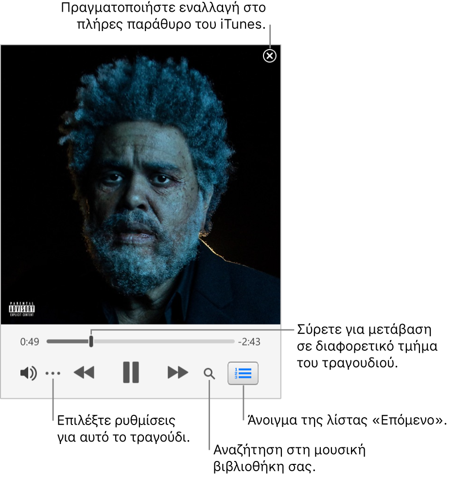 Το επεκτεταμένο MiniPlayer, που περιλαμβάνει χειριστήρια για το τραγούδι το οποίο αναπαράγεται. Στην πάνω δεξιά γωνία υπάρχει το κουμπί κλεισίματος, το οποίο χρησιμοποιείται για την εναλλαγή στο πλήρες παράθυρο iTunes. Στο κάτω μέρος του παραθύρου υπάρχει ένα ρυθμιστικό, το οποίο μπορείτε να σύρετε για να μεταβείτε σε διαφορετικό τμήμα του τραγουδιού. Κάτω από το ρυθμιστικό στην αριστερή πλευρά βρίσκεται το κουμπί «Περισσότερα», με το οποίο μπορείτε να επιλέξετε επιλογές προβολής και άλλες επιλογές για το τραγούδι που αναπαράγεται. Στο δεξιό άκρο κάτω από το ρυθμιστικό υπάρχουν δύο κουμπιά—ο μεγεθυντικός φακός για αναζήτηση στη βιβλιοθήκη μουσικής και η λίστα «Επόμενο» για να βλέπετε τι θα αναπαραχθεί στη συνέχεια.