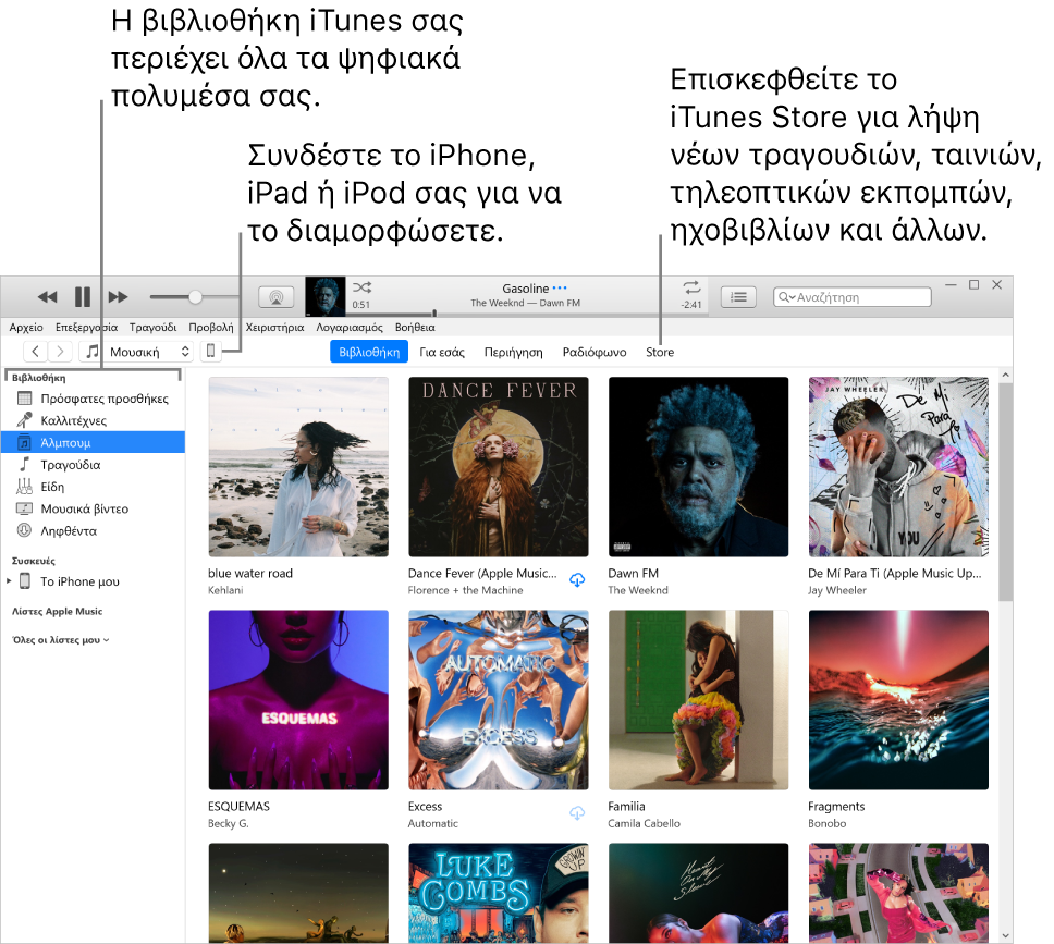 Προβολή του παραθύρου iTunes: Το παράθυρο iTunes έχει δύο τμήματα. Στα αριστερά βρίσκεται η πλαϊνή στήλη «Βιβλιοθήκη», η οποία περιέχει όλα τα ψηφιακά πολυμέσα σας. Στα δεξιά, στη μεγαλύτερη περιοχή περιεχομένου, μπορείτε να προβάλετε μια επιλογή που σας ενδιαφέρει –για παράδειγμα, επισκεφτείτε τη βιβλιοθήκη σας ή τη σελίδα σας «Για εσάς», περιηγηθείτε σε νέα μουσική και βίντεο iTunes ή επισκεφτείτε το iTunes Store για να πραγματοποιήσετε λήψη νέας μουσικής, ταινιών, τηλεοπτικών εκπομπών, ηχοβιβλίων και πολλών άλλων. Στην επάνω δεξιά γωνία της πλαϊνής στήλης «Βιβλιοθήκη» υπάρχει το κουμπί «Συσκευή», το οποίο υποδεικνύει ότι στο PC είναι συνδεδεμένο το iPhone, iPad ή iPod σας.