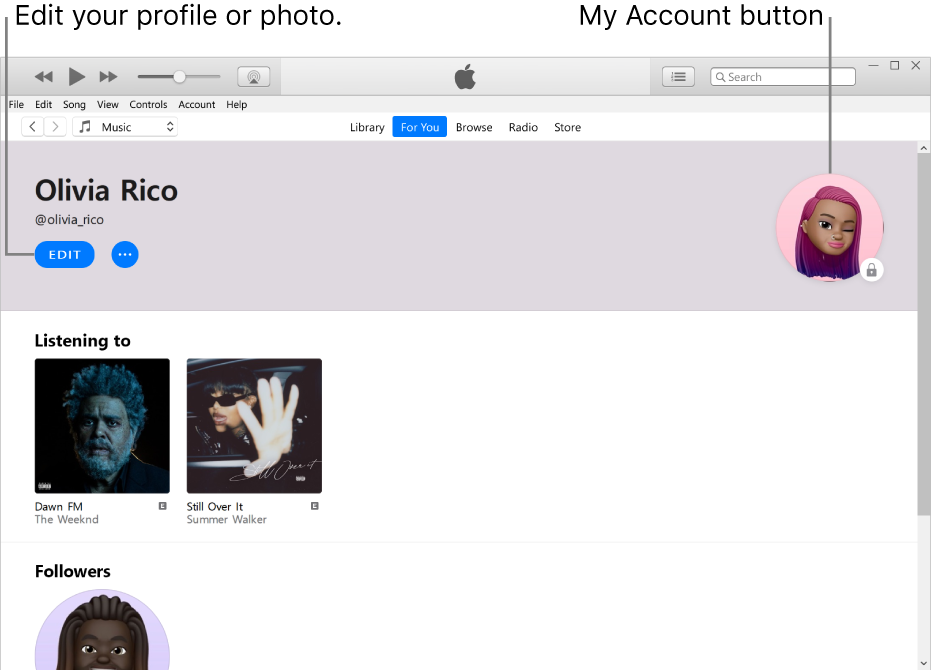 The profile page in Apple Music: In the top-left corner below your name, click Edit to edit your profile or your photo. In the top-right corner is the My Account button.