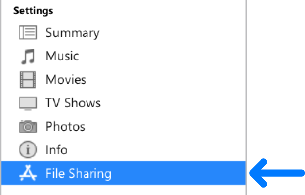 In the device Settings, click File Sharing to transfer files between your computer and device.