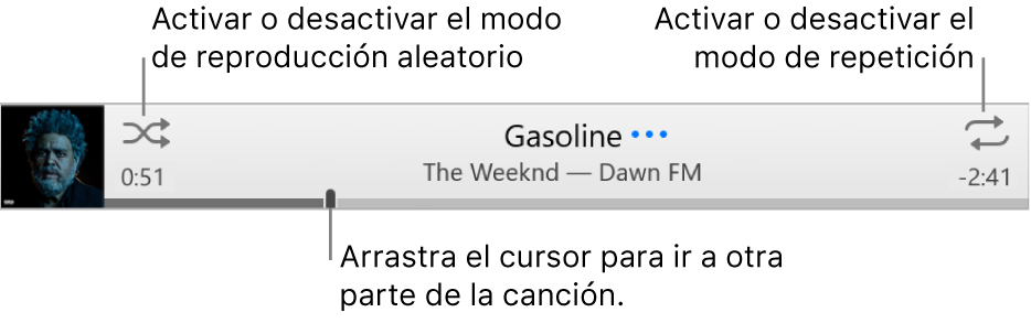 La tira con una canción en reproducción. El botón Aleatorio está en la esquina superior izquierda; el botón Repetir está en la esquina superior derecha. Arrastra la barra de arrastre para ir a una parte diferente de la canción.