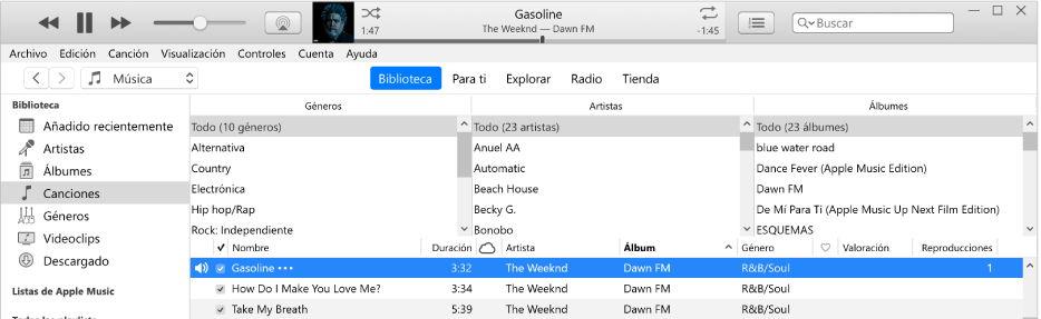 La ventana principal de iTunes: El navegador de columnas está a la derecha de la barra lateral y encima de la lista de canciones.