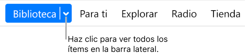 El botón Biblioteca de la barra de navegación, con el menú desplegable; haz clic en él para acceder a todos los ítems de la barra lateral cuando esta está oculta.