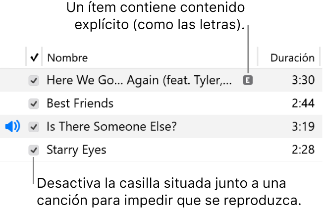 Detalle de la visualización Canciones, dentro de la sección Música, donde se ven casillas de selección a la izquierda y un símbolo de contenido explícito junto a la primera canción, que indica que contiene algún tipo de contenido para adultos (por ejemplo, la letra). Anula la selección de la casilla en aquellas canciones que no quieras reproducir.