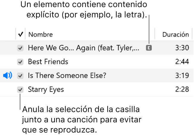 Detalles de la vista Canciones en la app Música, en el lado izquierdo hay casillas de verificación, y la primera canción tiene el símbolo de contenido explícito que indica que la canción tiene contenido explícito, por ejemplo, la letra. Anula la selección junto a una canción para evitar que se reproduzca.