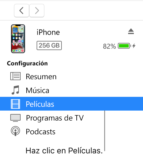 La ventana Dispositivo con la opción Películas seleccionada en la barra lateral de la izquierda.