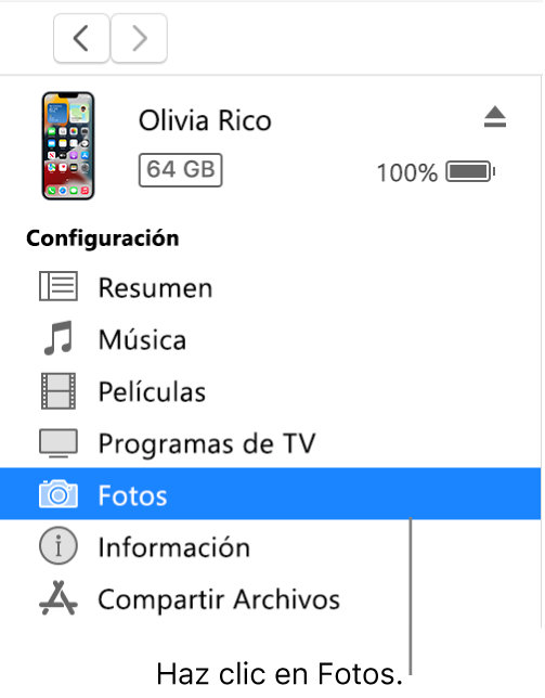 La ventana Dispositivo con la opción Fotos seleccionada en la barra lateral de la izquierda.