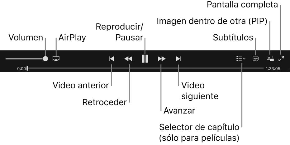 Controles de video: Volumen, AirPlay, Video anterior, Retroceder, Reproducir/Pausar, Avanzar, Siguiente video, Selector de capítulo (sólo para películas), Subtítulos, Imagen dentro de imagen y Pantalla completa.