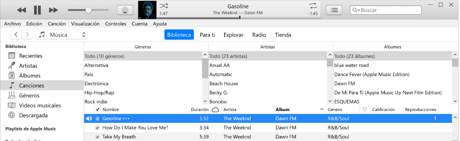 La ventana principal de iTunes: el explorador de columnas está a la derecha de la barra lateral y arriba de la lista de canciones.