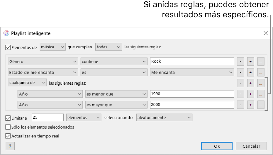 La ventana playlists inteligentes: Usa el botón Anidar de la derecha para crear más reglas anidadas y obtener resultados más específicos.