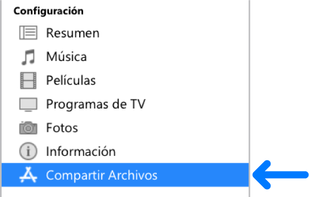 En la configuración del dispositivo haz clic en “Compartir archivos” para transferir archivos entre tu equipo y tu dispositivo.