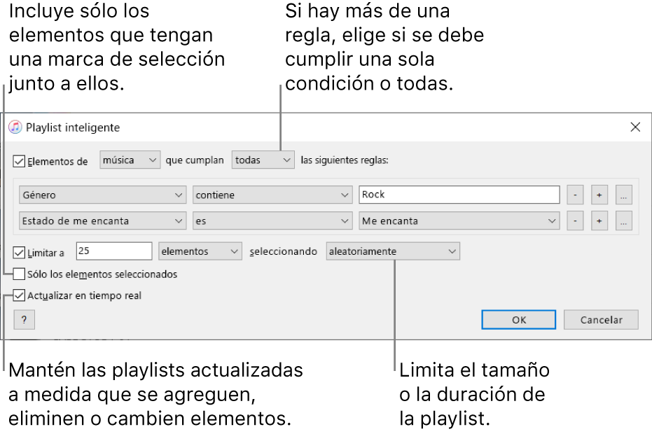 La ventana playlists inteligentes: en la esquina superior izquierda, selecciona Cumplir y especifica los criterios de la playlist (por ejemplo, un género o estado de favorito). Sigue agregando o eliminando reglas; cuando hay más de una regla, puedes elegir si quieres que se cumplan todas las condiciones o sólo algunas. Selecciona varias opciones en el área inferior de la ventana, por ejemplo, puedes limitar el tamaño o la duración de la playlist, incluir sólo las canciones seleccionadas o hacer que iTunes actualice la playlist como elementos en tu cambio de biblioteca.