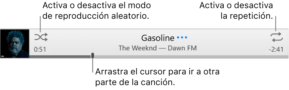 La tira con una canción en reproducción. El botón Aleatorio está en la esquina superior izquierda y el botón Repetir está en la esquina superior derecha. Mueve la barra de arrastre para ir a una parte diferente de la canción.