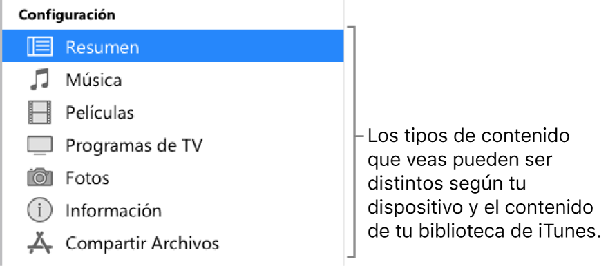 La opción Resumen está seleccionada en la barra lateral de la izquierda. Los tipos de contenido que aparecen pueden variar dependiendo de tu dispositivo y del contenido de tu biblioteca de iTunes.