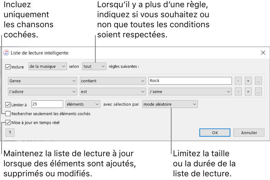 La fenêtre Liste de lecture intelligente : Dans le coin supérieur gauche, sélectionnez Match, puis indiquez le critère de la liste de lecture (comme Genre ou J’aime). Continuez pour ajouter ou supprimer des règles; lorsqu’il y a plus d’une règle, indiquez si vous souhaitez ou non que toutes les conditions soient respectées. Sélectionnez différentes options dans la partie inférieure de la fenêtre, comme la limitation de la taille ou de la durée d’une liste de lecture, l’utilisation exclusive des éléments cochés ou la mise à jour de la liste de lecture par iTunes lorsque votre bibliothèque est modifiée.