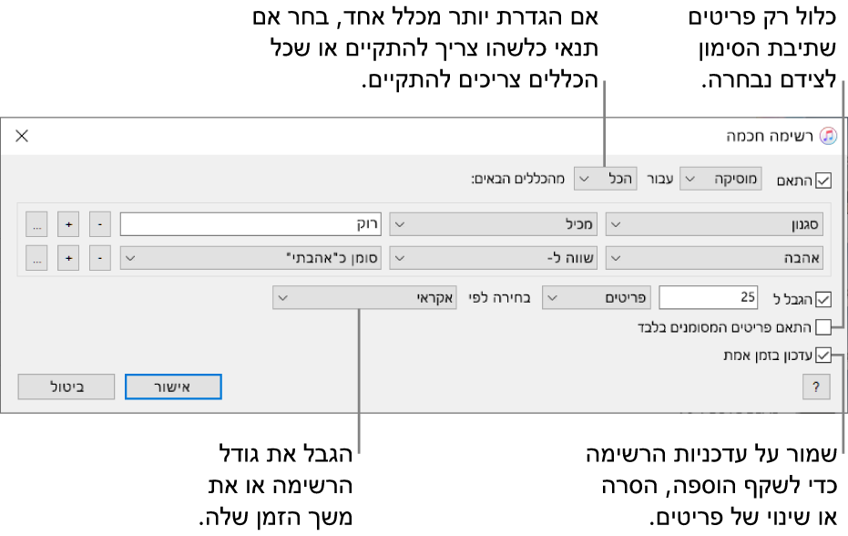 חלון הרשימה החכמה: בפינה השמאלית העליונה, בחר ״התאמה״ ולאחר מכן ציין את הקריטריונים של הרשימה (למשל, ז׳אנר או שירים שאהבת). המשך בהוספה או הסרה של כללים; אם הגדרת יותר מכלל אחד, ציין אם יש לאתר פריטים שתואמים כלל כלשהו או את כל הכללים. בחר אפשרויות שונות בחלקו התחתון של החלון, למשל הגבלת הגודל או משך הזמן של הרשימה, כלילת השירים המסומנים בלבד או קביעה ש-iTunes יעדכן את הרשימה כאשר פריטים משתנים בספריה שלך.