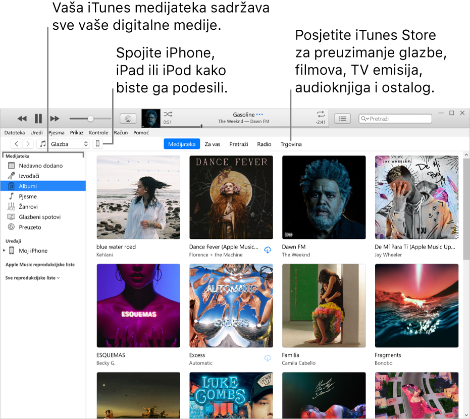 Prikaz iTunes prozora: iTunes prozor ima dva okna. S lijeve strane nalazi se rubni stupac Medijateka koji sadrži sve vaše digitalne medije. S desne strane, u većem području sadržaja, možete pregledati opcije koje vas zanimaju—na primjer, posjetiti svoju medijateku ili svoju stranicu Za vas, pretraživati novu iTunes glazbu i videozapise ili posjetiti iTunes Store za preuzimanje nove glazbe, filmova, TV emisija, audio knjiga i ostalog. Gore desno od rubnog stupca Medijateka nalazi se tipka Uređaj koja pokazuje da je vaš iPhone, iPad ili iPod spojen na PC računalo.