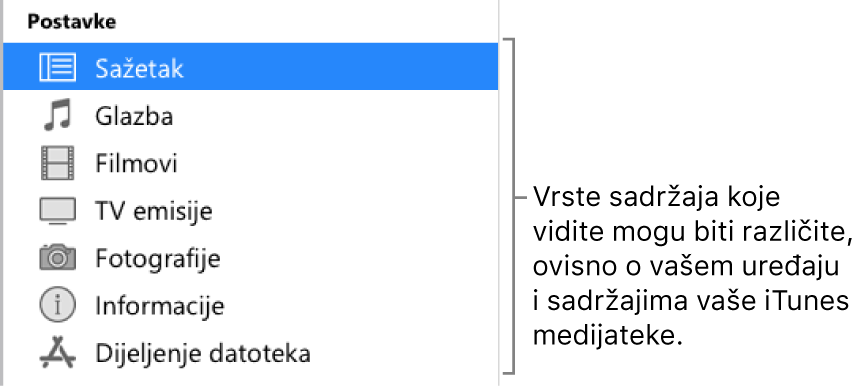 Sažetak je u rubnom stupcu s lijeve strane. Prikazane vrste sadržaja mogu varirati, ovisno o vašem uređaju i sadržaju vaše iTunes medijateke.