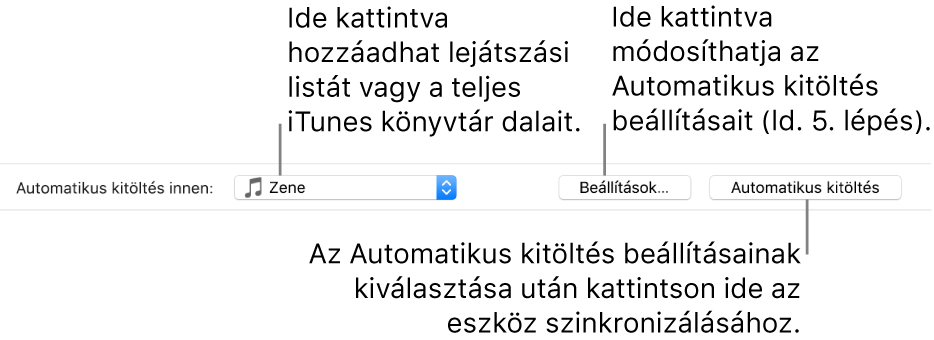 A Zene panel alján található automatikus kitöltési lehetőségek. Bal oldalon található az Automatikus kitöltés innen, ahol megadhatja, hogy egy lejátszási listából vagy a teljes könyvtárából szeretne dalokat hozzáadni. A jobb szélén két gomb található: a Beállítások, mellyel az Automatikus kitöltés különféle lehetőségei módosíthatók, és az Automatikus kitöltés. Az Automatikus kitöltés lehetőségre kattintva az eszköz a feltételeknek megfelelő zeneszámokkal telik meg.