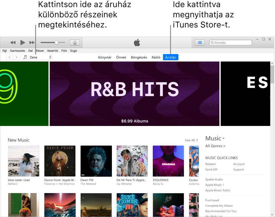 Az iTunes Store fő ablaka: A navigációs sávban ki van jelölve az Áruház. A bal felső sarokban válassza az áruházban megtekinteni kívánt tartalmat (például Zene vagy Tv).