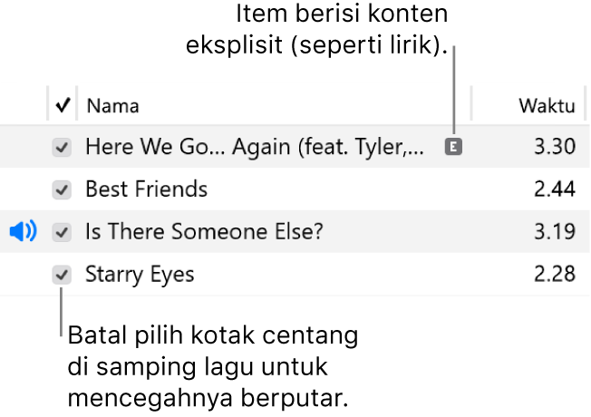 Detail tampilan Lagu di musik, menampilkan kotak centang di sebelah kiri dan simbol eksplisit untuk lagu pertama (menandakan lagu memiliki konten eksplisit seperti lirik). Batalkan pilihan kotak centang di samping lagu untuk mencegahnya diputar.