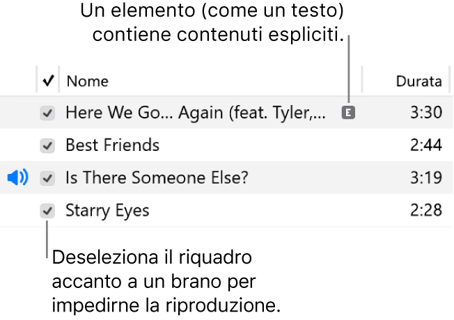 Dettagli della vista Brano in Musica, che mostra le caselle di controllo a sinistra e un simbolo di contenuti espliciti per il primo brano (che indica che il testo presenta contenuti espliciti). Deseleziona la casella di controllo accanto a un brano per impedirne la riproduzione.